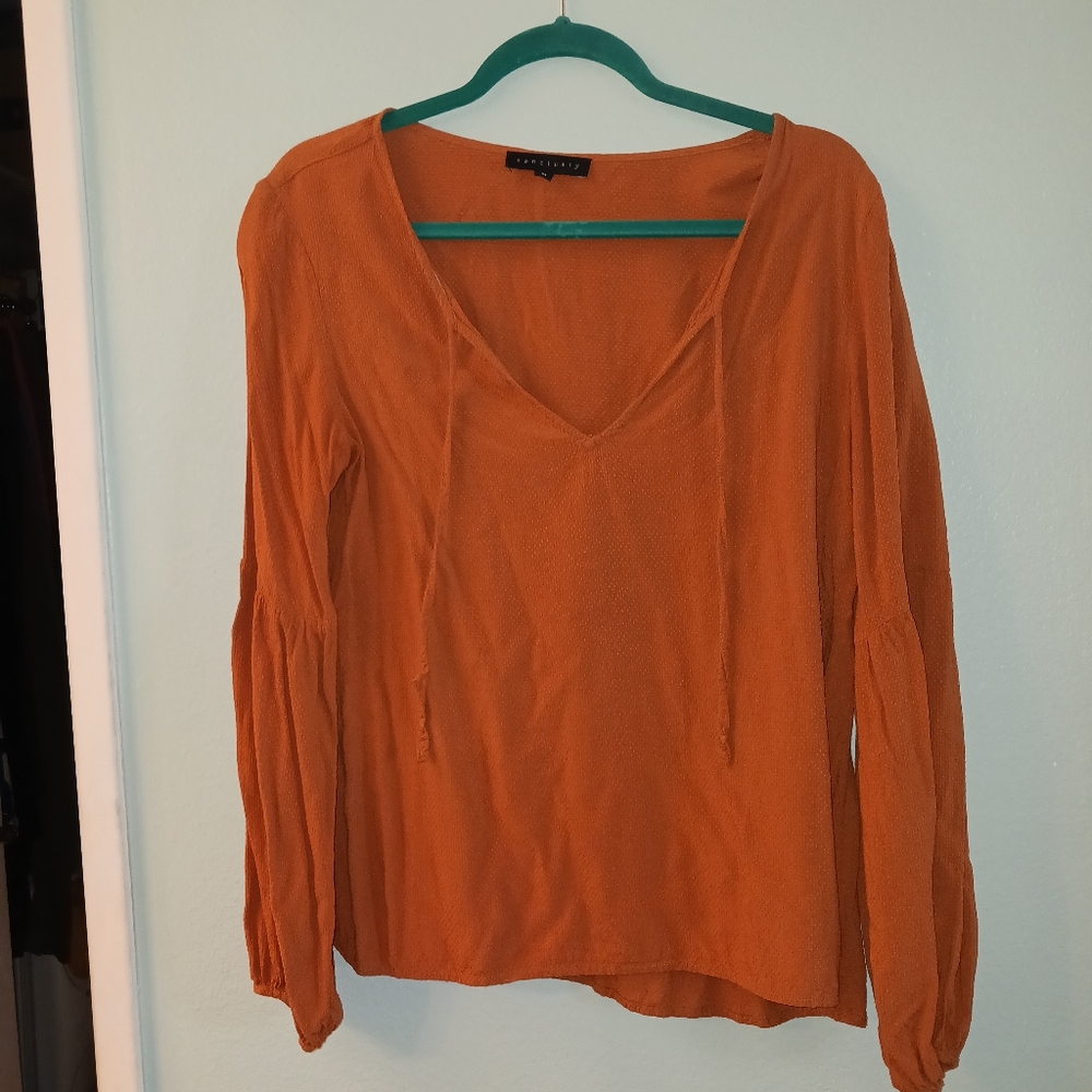 Orange Sanctuary Long Sleeve Tie Neck Blouse | Size M